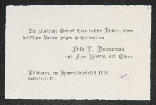 Brief von Fritz Duvernoy und Hedwig Duvernoy an Gerhart Hauptmann