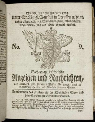 No. 9. Montags, den 29ten Februarii 1768.