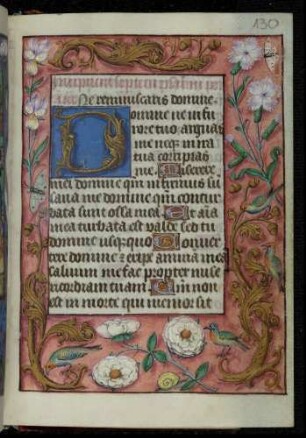 Initialzierseite (Bußpsalmen): D(omine ne infuriore); Trompe l'oeil-Rahmen mit Blütenzweigen, Vögeln und Insekten