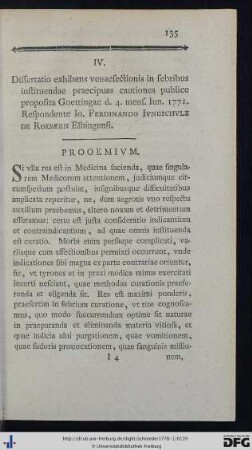 IV. Dissertatio exhibens venaesectionis in febribus instituendae praecipuas cautiones.