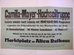 Ankündigung eines Auftritts der Camille-Mayer- Hochseiltruppe zugunsten der Volkssolidarität