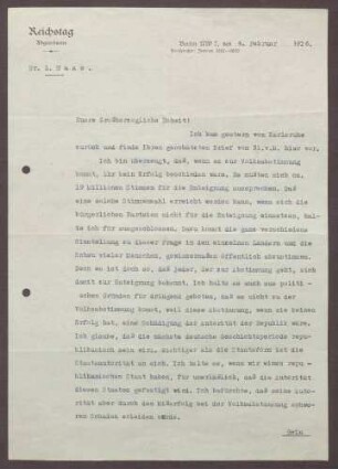 Schreiben von Ludwig Haas an Prinz Max von Baden; Gedanken zur Fürstenabfindung und die Frage des Erfolges einer Volksabstimmung darüber