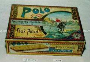 Blechdose für "POLO GAUFRETTES FOURRÉES AU PRALINÉ FÉLIX POTIN PARIS"
