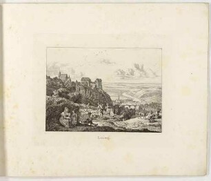 Blick von einer Anhöhe mit Bauern bei der Ernte in das Tal der Freiberger Mulde nach Nordwesten mit der Stadt Leisnig und der Burg Mildenstein links; Blatt 2 aus Zehn Ansichten merkwürdiger Gegenden in Sachsen von Ludwig Richter