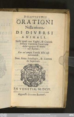 Dilettevoli Orationi Nella morte Di Diversi Animali.