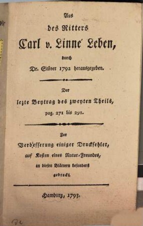 Leben des Carl von Linné : der letzte Beytrag des 2. Theils