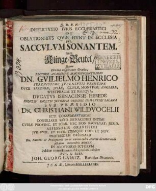 Dissertatio Ivris Ecclesiastici De Oblationibvs Qvæ Fivnt In Ecclesia Per Saccvlvm Sonantem, vom Klinge-Beutel