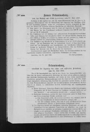 Bekanntmachung, betreffend die Lagerung des rohen und raffinirten Petroleum, vom 24. Juli 1863.