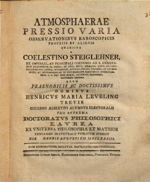 Atmosphaerae pressio varia observationibus baroscopicis propriis et alienis