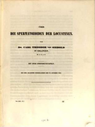 Ueber die Spermatozoiden der Locustinen : Bei der Akad. eingegangen den 15. Oct. 1835