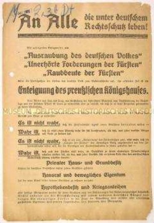Programmatischer Aufruf gegen den Volksentscheid über die Fürstenenteignung im Juni 1926