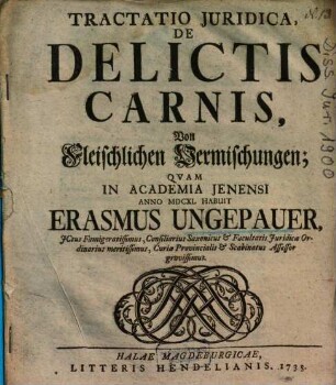 Tractatio Juridica, De Delictis Carnis : = Von Fleischlichen Vermischungen