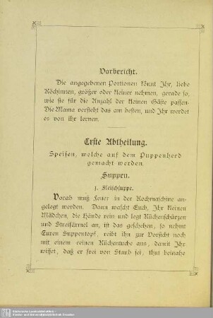Erste Abtheilung. Speisen, welche auf dem Puppenherd gemacht werden
