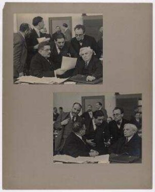 Die französische Delegation in der Sitzungspause während der Lausanner Konferenz. von links sitzend: Édouard Herriot, Joseph Paul-Boncour, stehend hinter Édouard Herriot: René Cassin
