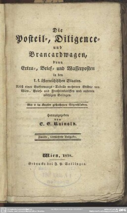 Die Posteil-, Diligence- und Brancardwagen, dann Extra-, Brief- und Wasserposten in den K. K. österreichischen Staaten