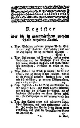 Register über die in gegenwärtigem zweyten Theile enthaltene Kapitel.