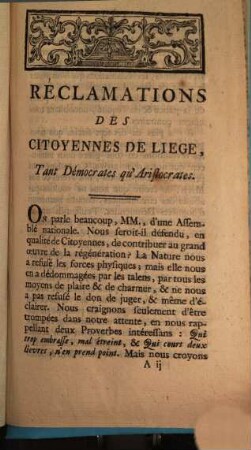 Réclamations Des Citoyennes De Liege : Tant Démocrates qu'Aristocrates