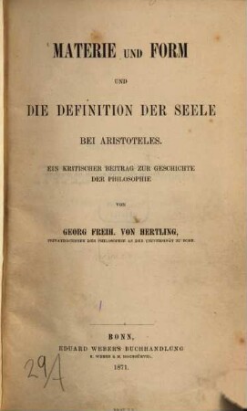 Materie und Form und die Definition der Seele bei Aristoteles : ein kritischer Beitrag zur Geschichte der Philosophie