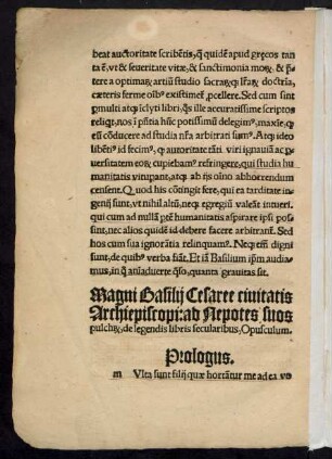 Magni Basilii Cesaree civitatis Archiepiscopi: ad Nepotes suos pulchros, de legendis libris secularibus, Opusculum.