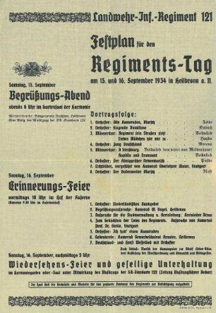 Programm ("Festplan") für den Regiments-Tag des Landwehr-IR 121