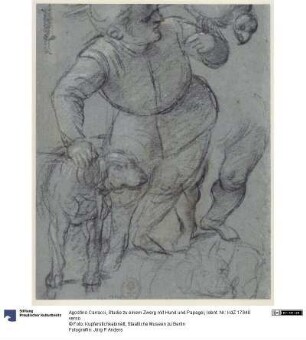 Studie zu einem Zwerg mit Hund und Papagei