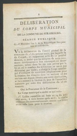 Délibération Du Corps Municipal De La Commune De Strasbourg
