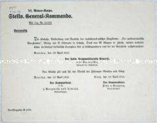 Rundschreiben des stellvertretenden Generalkommandos des VI. Armeekorps zum Verbot des sozialdemokratischen Flugblattes "Der parlamentarische Burgfrieden"