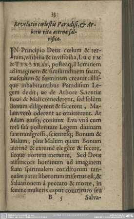 Revelatio coelestis Paradisi, & Arboris vitae aeternae salrificae