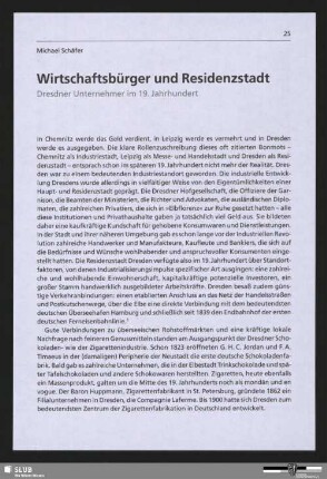 Wirtschaftsbürger und Residenzstadt - Dresdner Unternehmer im 19. Jahrhundert