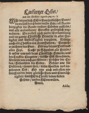Ein kürtzer Gebet/ aus der Kirchen-Agenda pag. 281. b.