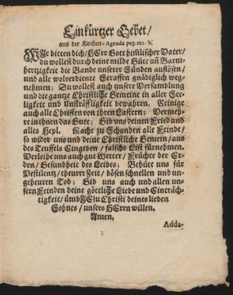 Ein kürtzer Gebet/ aus der Kirchen-Agenda pag. 281. b.