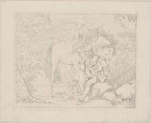 Zu Schillers "Pegasus im Joch", Blatt 1: Trauriger Dichter mit Laute und Pegasus in einer Landschaft