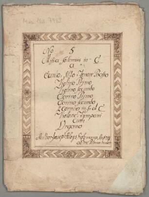 Masses, V (4), Coro, orch, org, C-Dur - BSB Mus.ms. 7469 : [dust cover, by Huber:] N o 5. // Missa solemnis in C // a // Canto. Alto. Tenore. Basso. // Violino Primo // Violino secundo // Clarino Primo // Clarino secundo // 2 Cornua in F et C // Violone, Tympani // cum // Organo // Author Joseph Aloys Holzmann An 1799 // ad me Petrum Huber