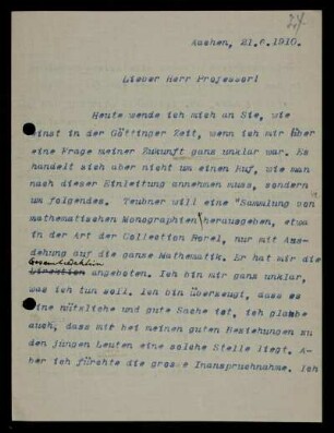 Nr. 24: Brief von Otto Blumenthal an David Hilbert, Aachen, 21.6.1910