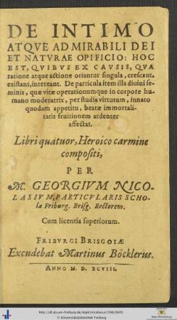 DE INTIMO ATQVE ADMIRABILI DEI ET NATVRAE OPIFICIO