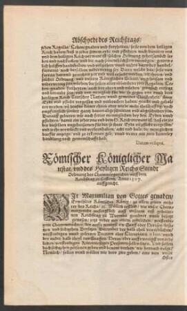 Römischer Königlicher Maiestat/ und des Heyligen Reichs Stendt Ordnung des Chammergerichts/ auff dem Reichßtag zu Costentz/ Anno 1507. auffgericht.