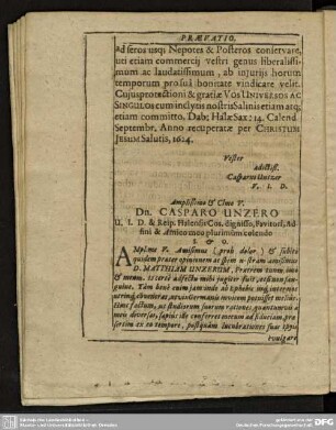 Dn. CASPARO UNZERO U.I.D. & Reip. Halensis Cos. dignisso, Favitori, Adfini & Amico meo plurimum colendo.