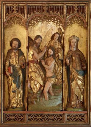 Taufaltar — Die Taufe Christi flankiert von Heiligen, in den Flügen Portraits der vier Evangelisten — Taufe Christi zwischen einem Heiligen und einer Heiligen