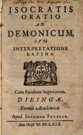 Oratio ad Demonicum : cum interpretatione latina