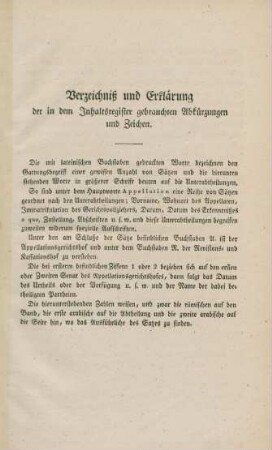 Verzeichniß und Erklärung der in dem Inhaltsregister gebrauchten Abkürzungen und Zeichen