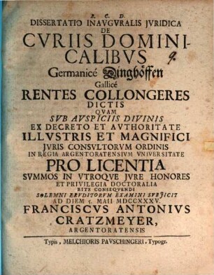 Diss. inaug. iur. de curiis dominicalibus, Germanice Dinghöffen, Gallicé Rentes collongeres dictis