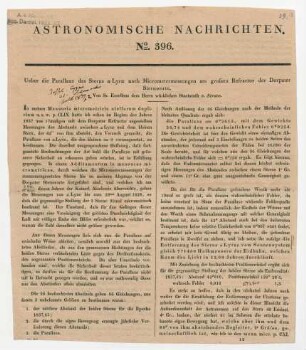 "Über die Parallaxe des Sterns Alpha Lyræ nach Micrometermessungen am großen Refractor der Dorpater Sternwarte."