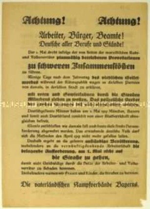 Flugblatt der Vaterländischen Kampfverbände Bayerns gegen die geplante Demonstration der KPD in München am 1. Mai 1923