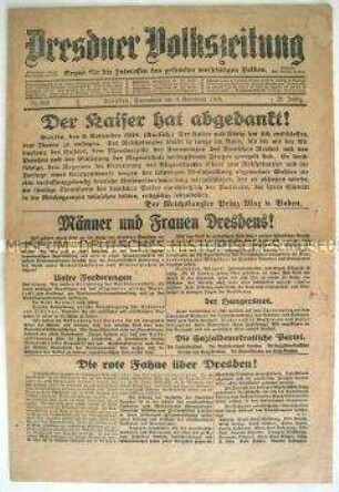 Regionale Tageszeitung der SPD "Dresdner Volkszeitung" zur Ausrufung der Republik