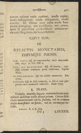 421-432, Caput XLVI. De delictis monetariis, eorumque poenis. - Caput XLVIII. De crimine fractae pacis publicae et diffidationibus, earumque poenis.