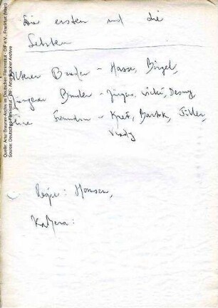 Besetzungsvorschläge, handschriftlich von Artur Brauner