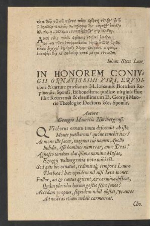 In Honorem Coniugii ... M. Iohannis Boticheri Rupinensis, Sponsi, Et honestae ac pudicae virginis Evae ...