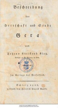 Beschreibung der Herrschaft und Stadt Gera