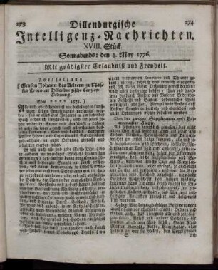 XVIII. Stück: Sonnabends: den 4. May 1776.