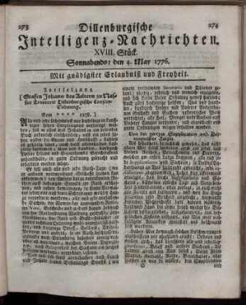 XVIII. Stück: Sonnabends: den 4. May 1776.